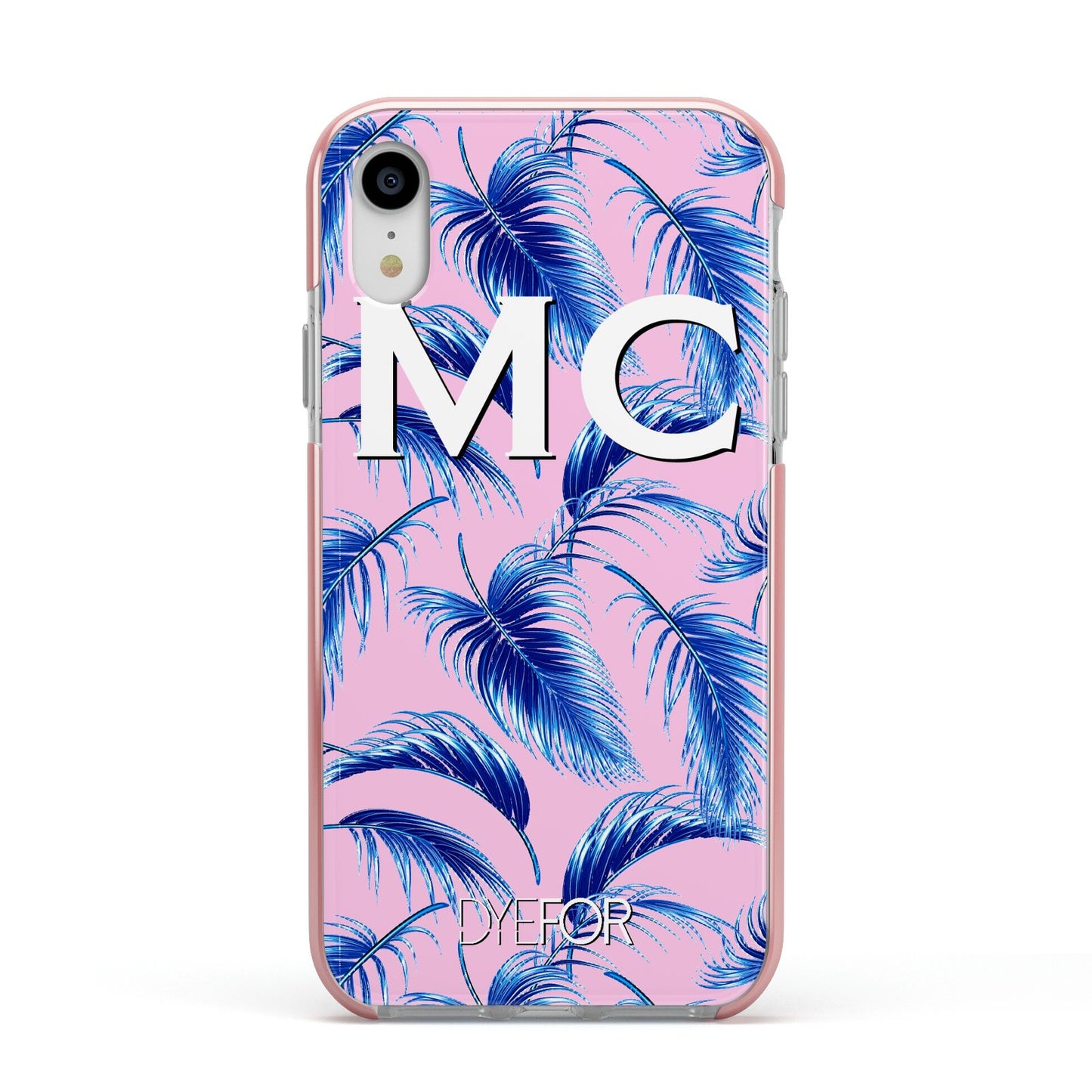 Personalised Blue Pink Palm Leaf Apple iPhone XR Impact Case Pink Edge on Silver Phone