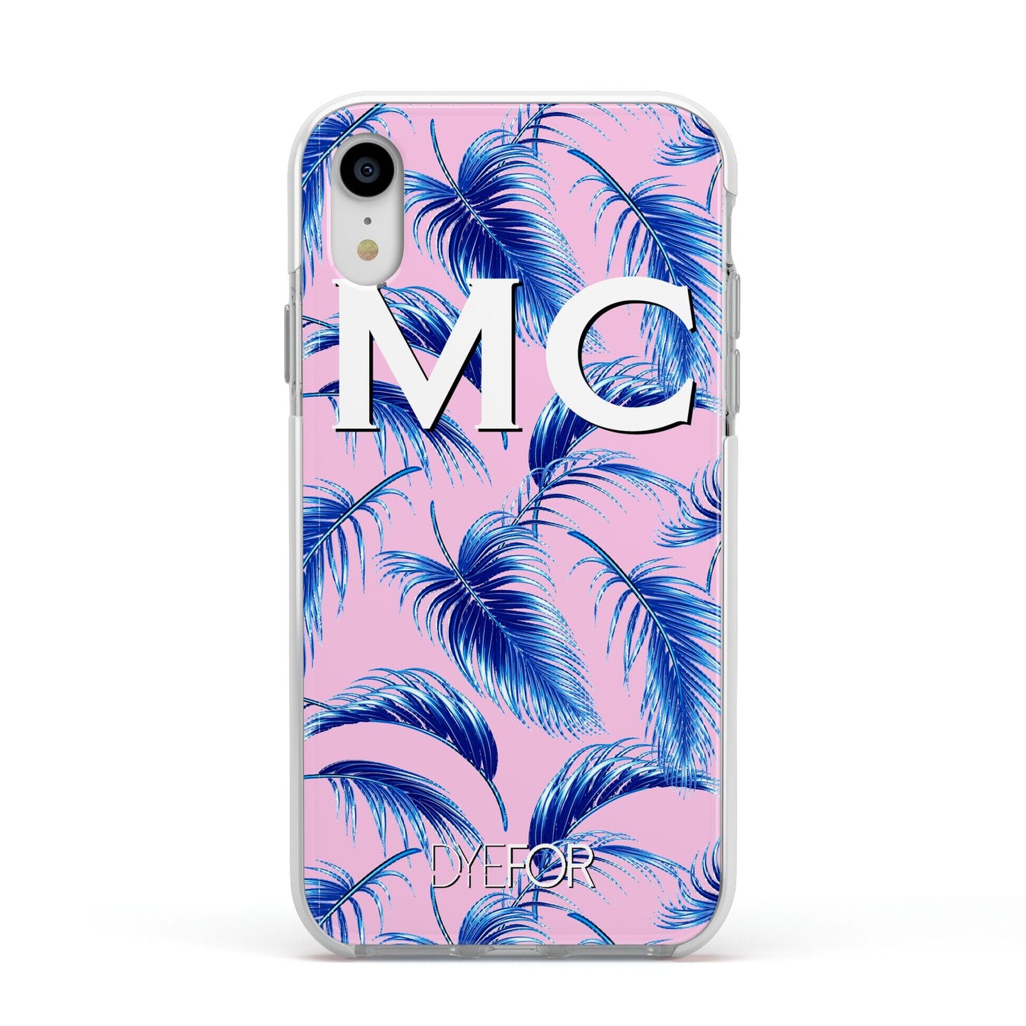 Personalised Blue Pink Palm Leaf Apple iPhone XR Impact Case White Edge on Silver Phone