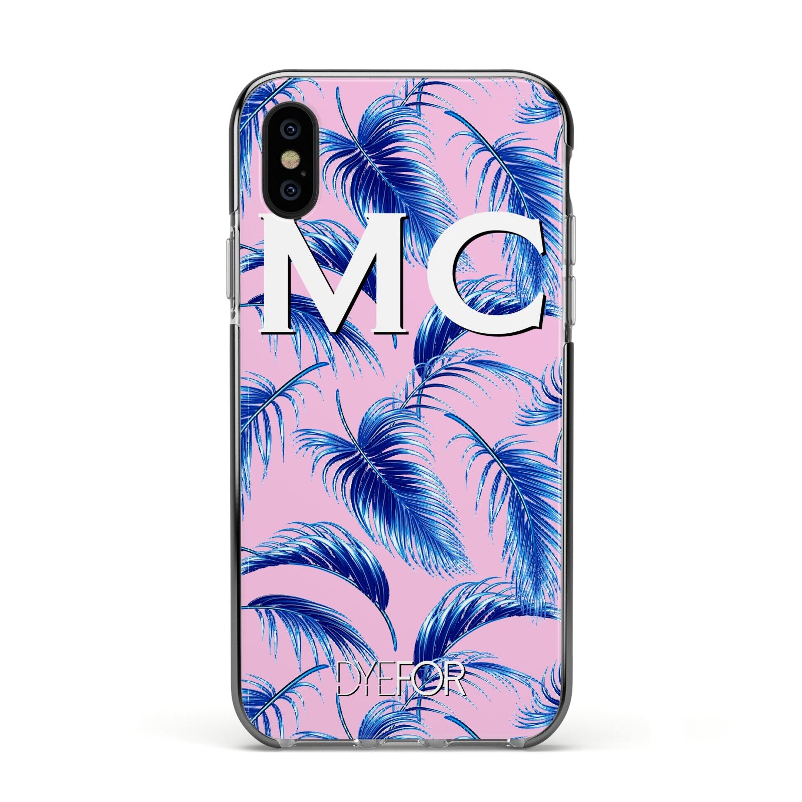 Personalised Blue Pink Palm Leaf Apple iPhone Xs Impact Case Black Edge on Black Phone