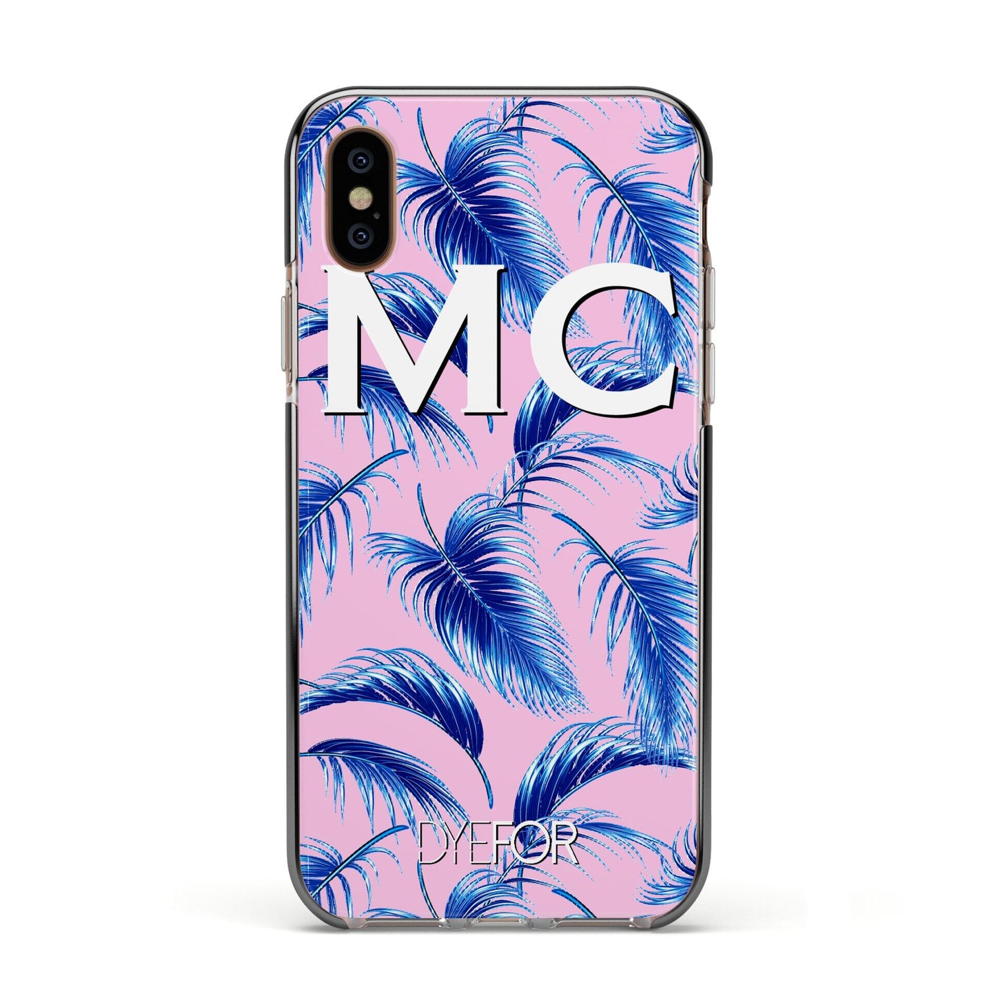 Personalised Blue Pink Palm Leaf Apple iPhone Xs Impact Case Black Edge on Gold Phone