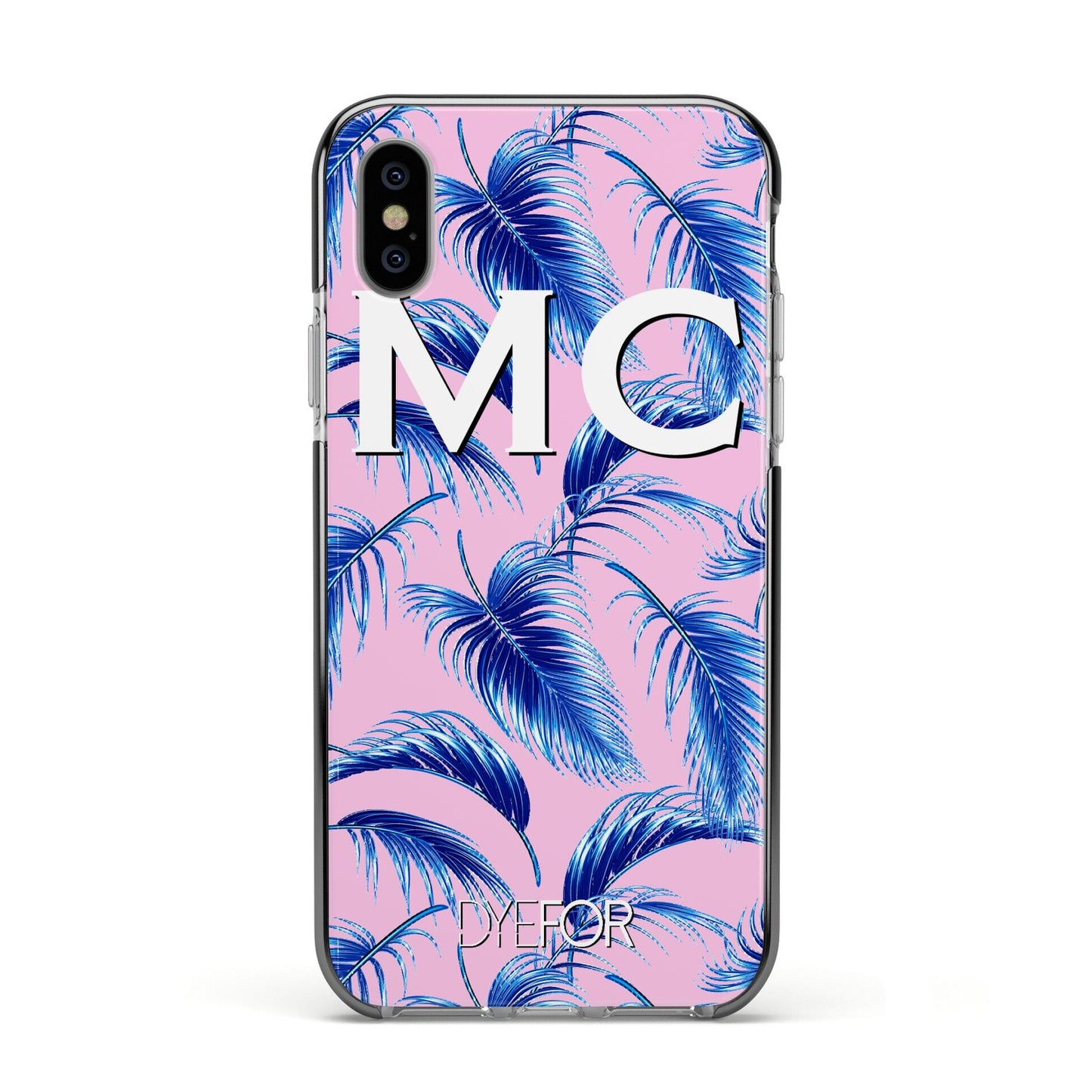 Personalised Blue Pink Palm Leaf Apple iPhone Xs Impact Case Black Edge on Silver Phone