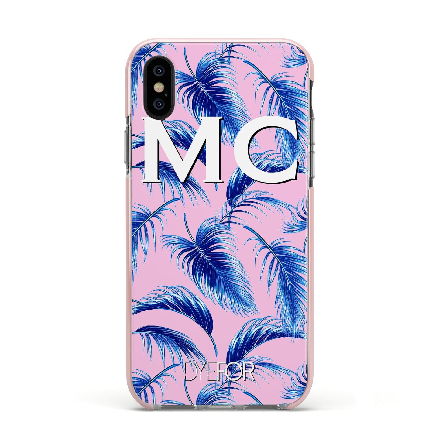 Personalised Blue Pink Palm Leaf Apple iPhone Xs Impact Case Pink Edge on Black Phone