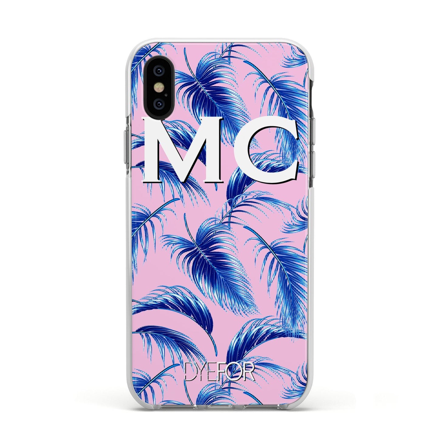 Personalised Blue Pink Palm Leaf Apple iPhone Xs Impact Case White Edge on Black Phone