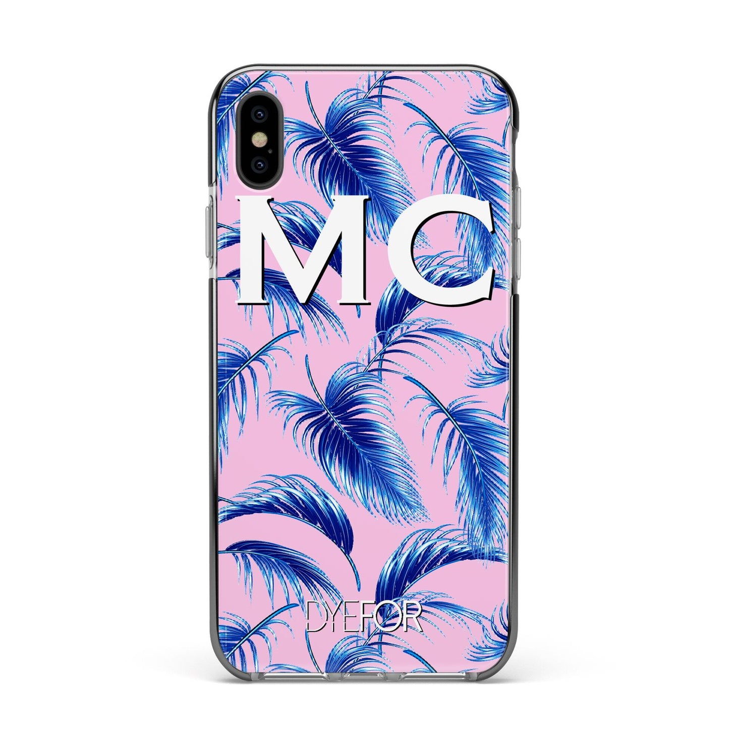 Personalised Blue Pink Palm Leaf Apple iPhone Xs Max Impact Case Black Edge on Black Phone