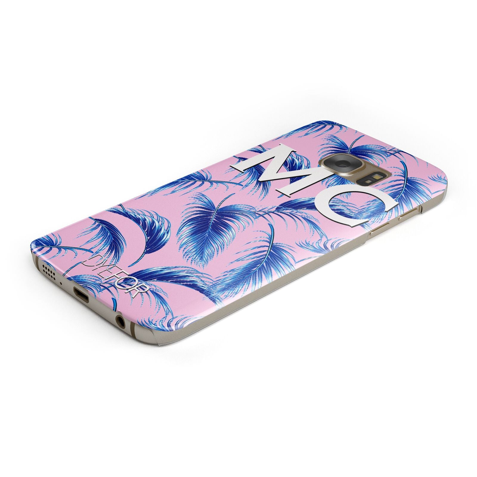 Personalised Blue Pink Palm Leaf Protective Samsung Galaxy Case Angled Image