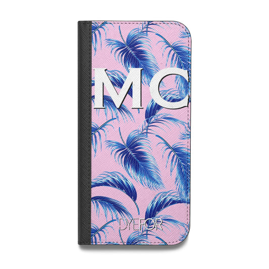 Personalised Blue Pink Palm Leaf Vegan Leather Flip iPhone Case