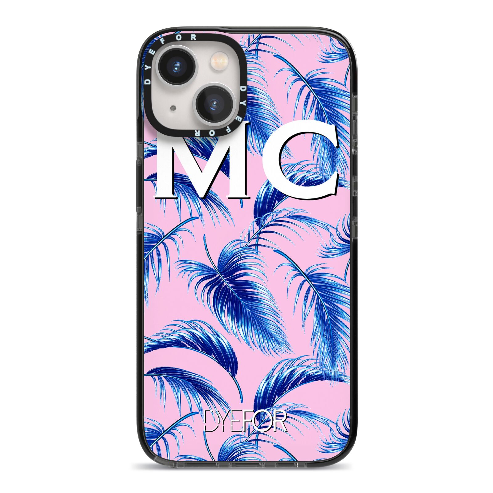 Personalised Blue Pink Palm Leaf iPhone 13 Black Impact Case on Silver phone