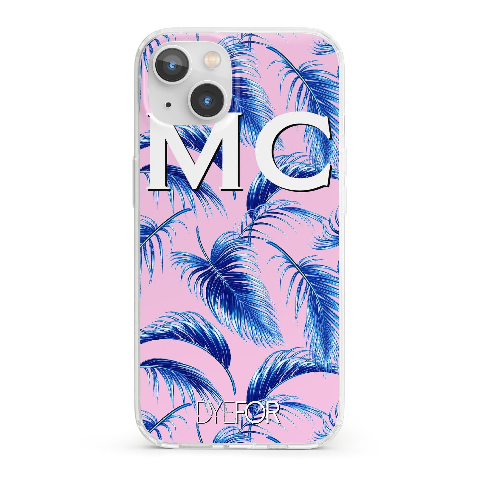 Personalised Blue Pink Palm Leaf iPhone 13 Clear Bumper Case