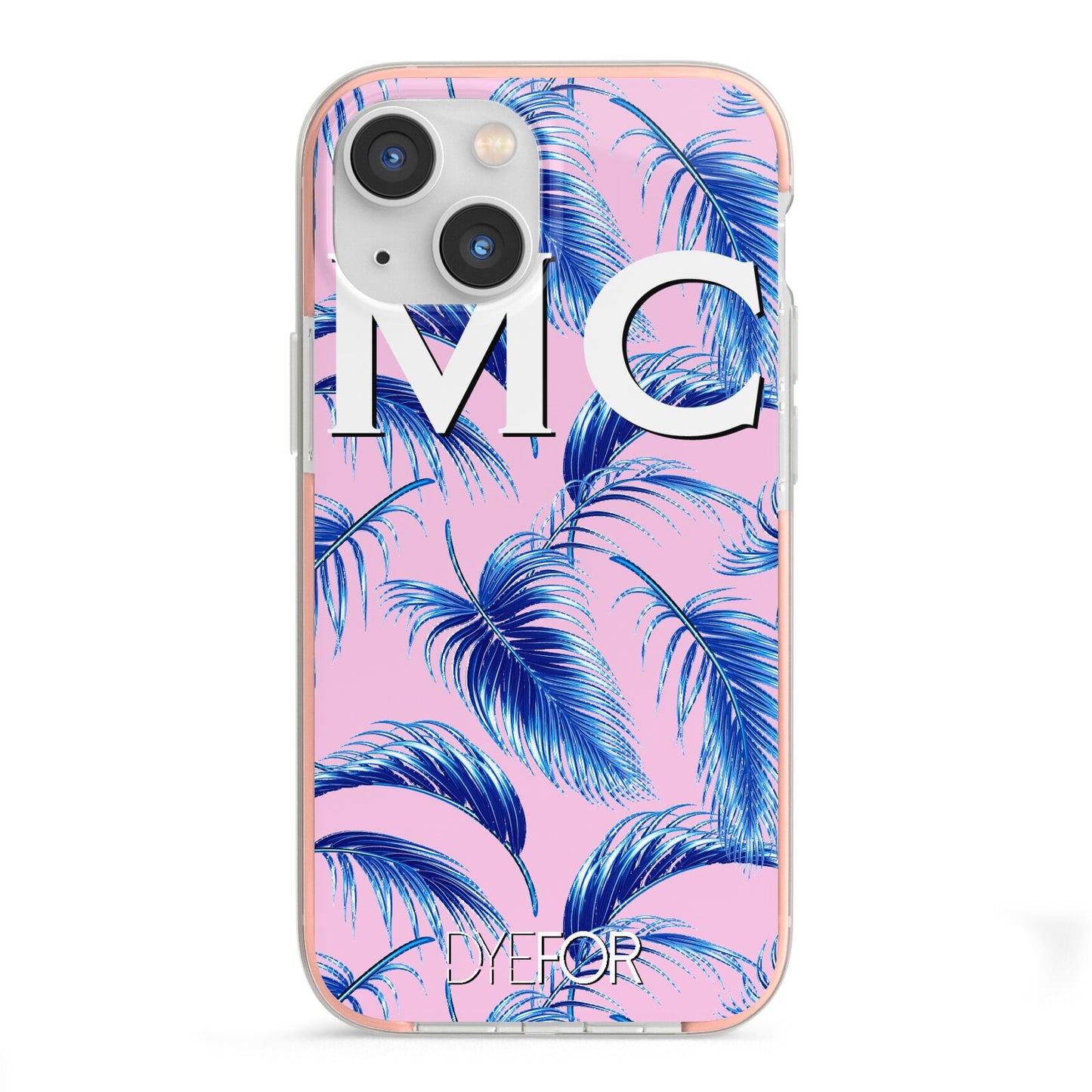 Personalised Blue Pink Palm Leaf iPhone 13 Mini TPU Impact Case with Pink Edges