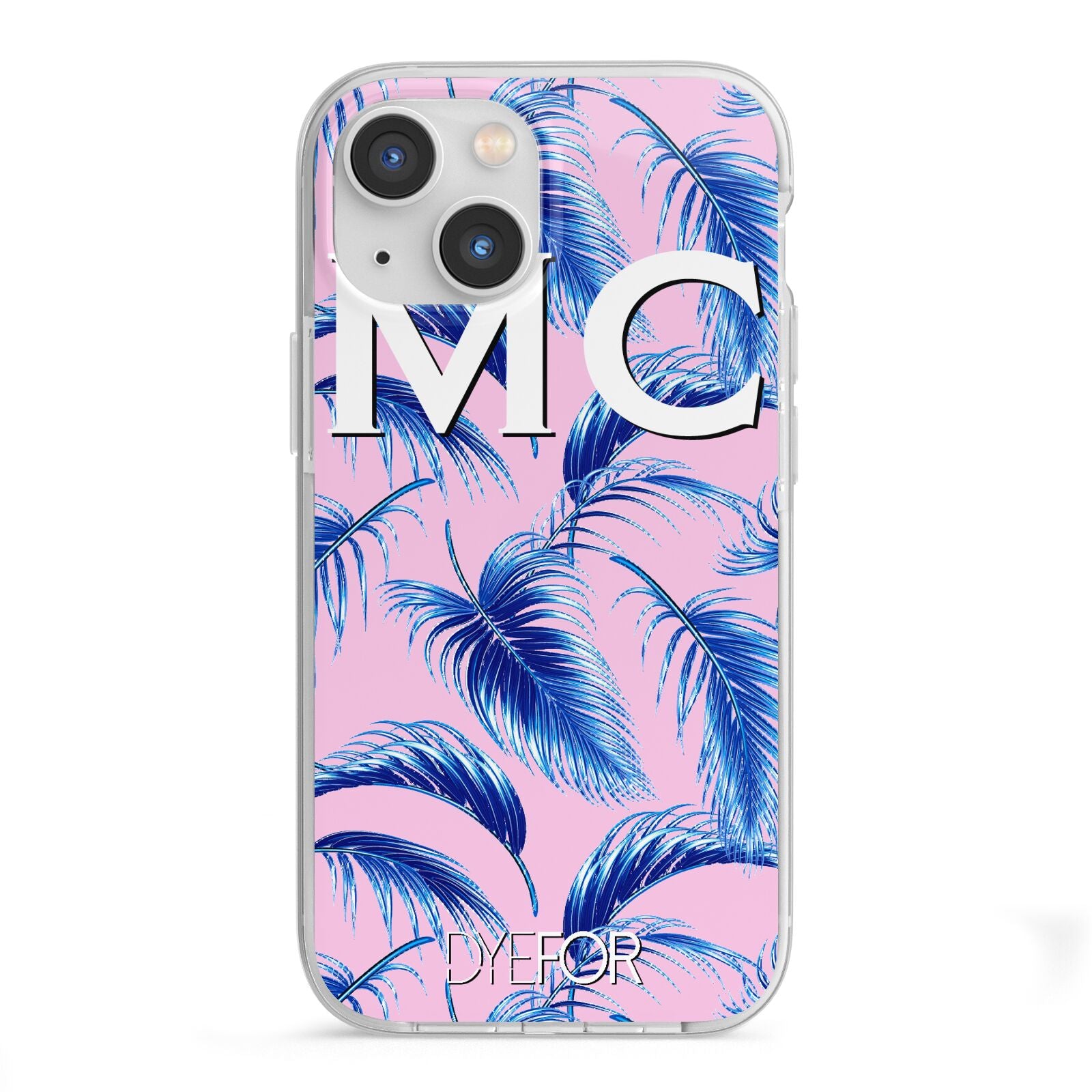 Personalised Blue Pink Palm Leaf iPhone 13 Mini TPU Impact Case with White Edges