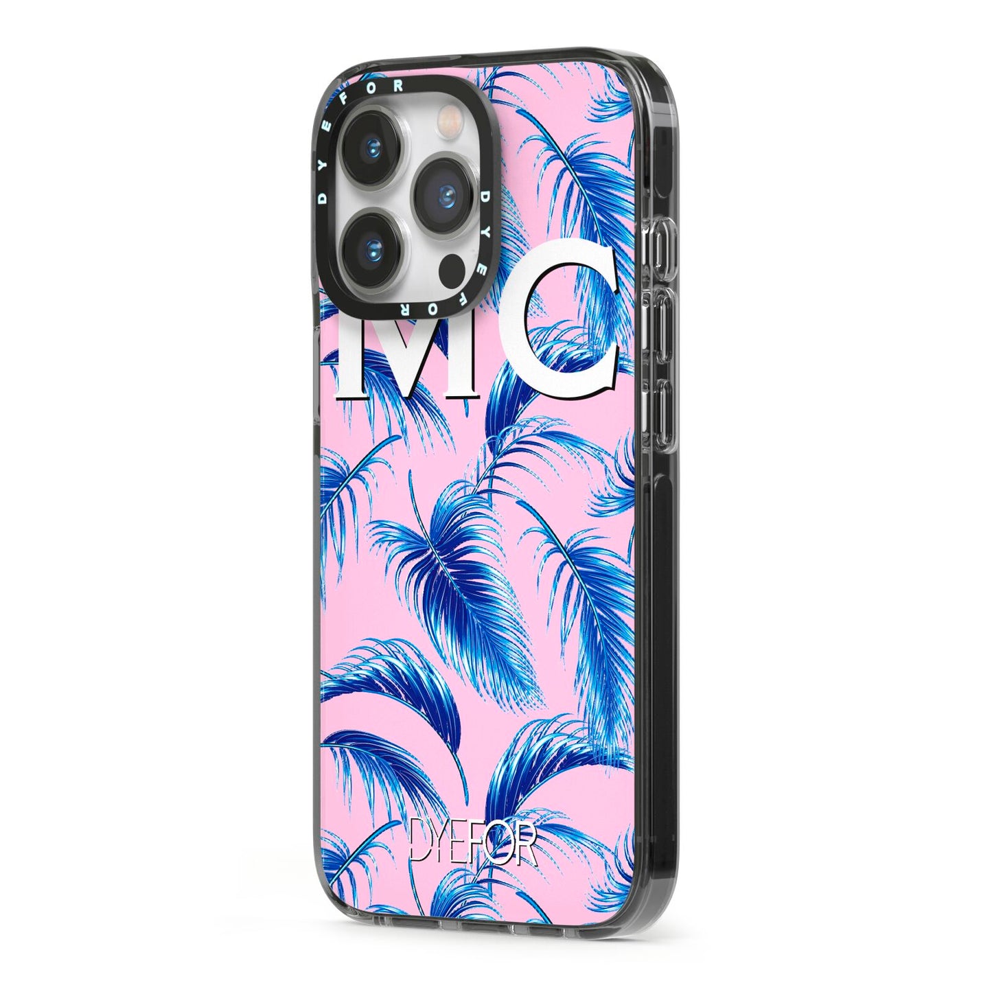 Personalised Blue Pink Palm Leaf iPhone 13 Pro Black Impact Case Side Angle on Silver phone