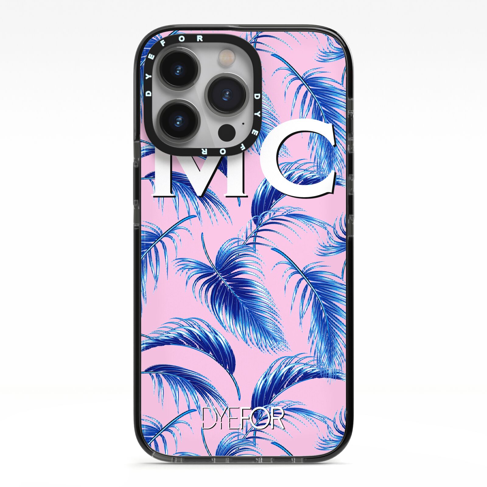 Personalised Blue Pink Palm Leaf iPhone 13 Pro Black Impact Case on Silver phone