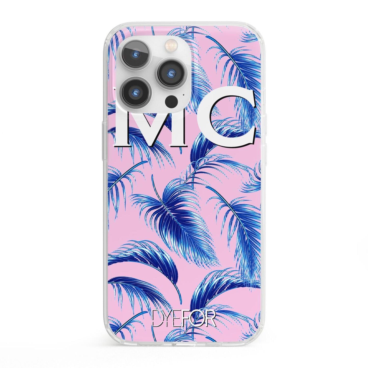 Personalised Blue Pink Palm Leaf iPhone 13 Pro Clear Bumper Case