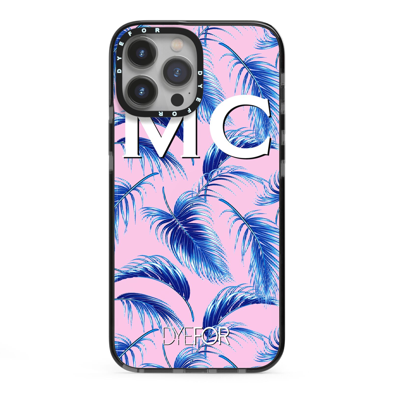 Personalised Blue Pink Palm Leaf iPhone 13 Pro Max Black Impact Case on Silver phone