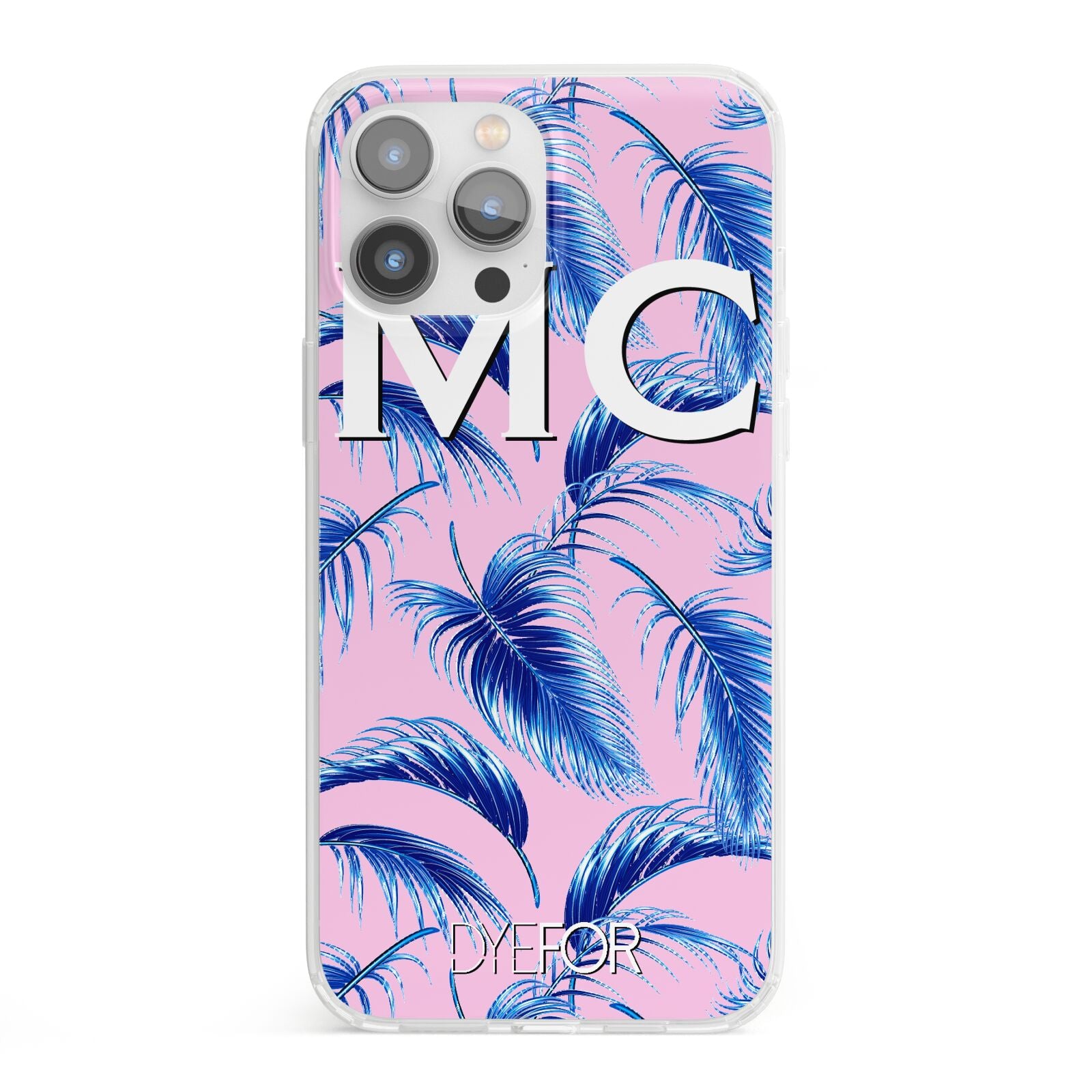 Personalised Blue Pink Palm Leaf iPhone 13 Pro Max Clear Bumper Case