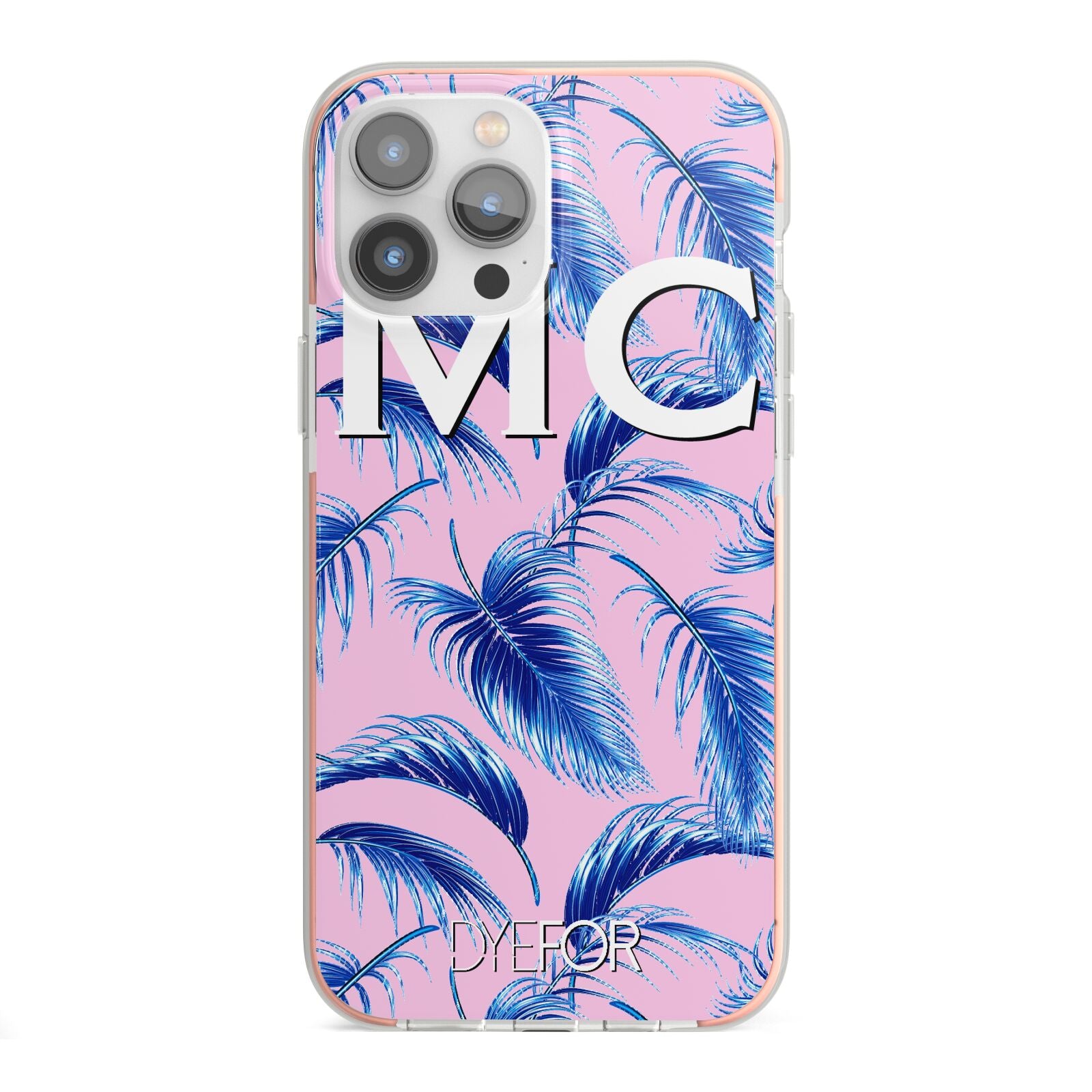 Personalised Blue Pink Palm Leaf iPhone 13 Pro Max TPU Impact Case with Pink Edges