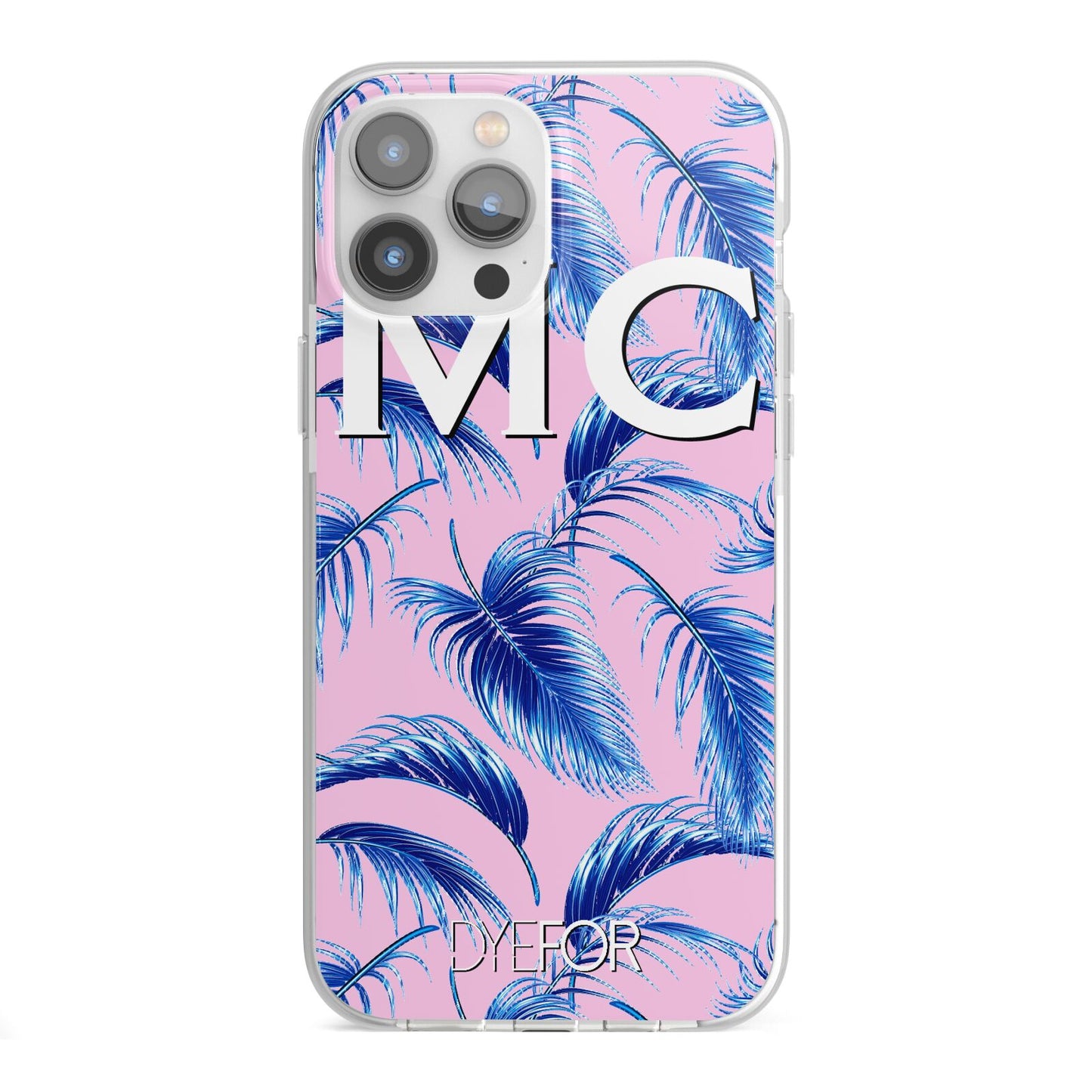 Personalised Blue Pink Palm Leaf iPhone 13 Pro Max TPU Impact Case with White Edges