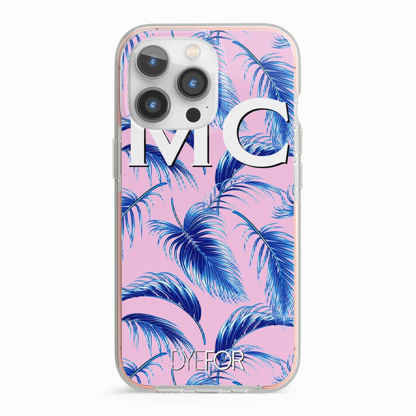 Personalised Blue Pink Palm Leaf iPhone 13 Pro TPU Impact Case with Pink Edges