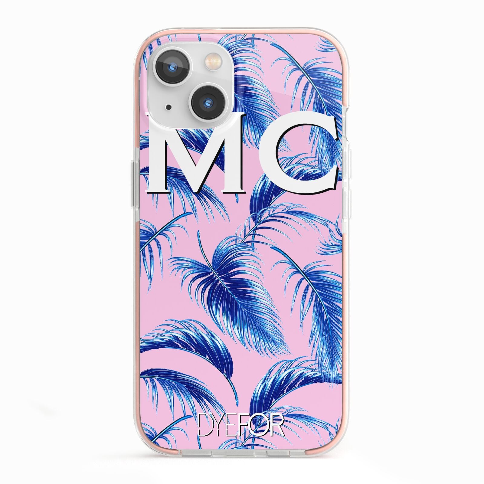 Personalised Blue Pink Palm Leaf iPhone 13 TPU Impact Case with Pink Edges