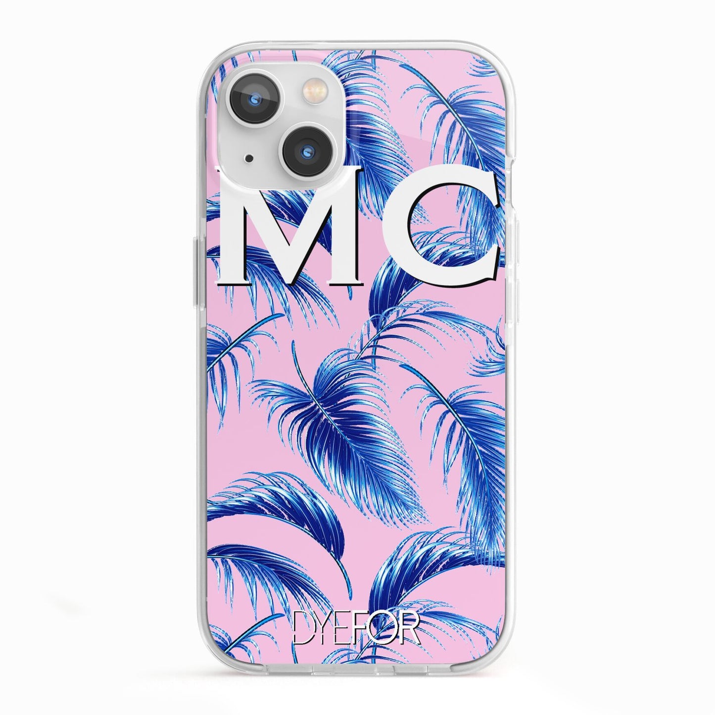 Personalised Blue Pink Palm Leaf iPhone 13 TPU Impact Case with White Edges