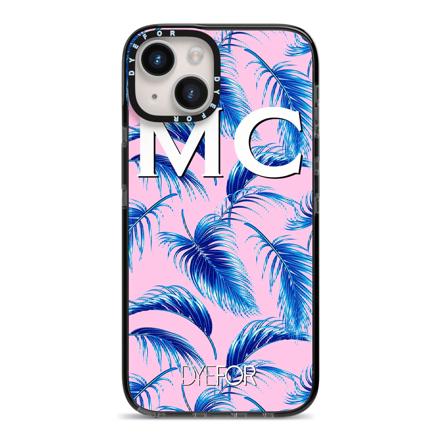 Personalised Blue Pink Palm Leaf iPhone 14 Black Impact Case on Silver phone