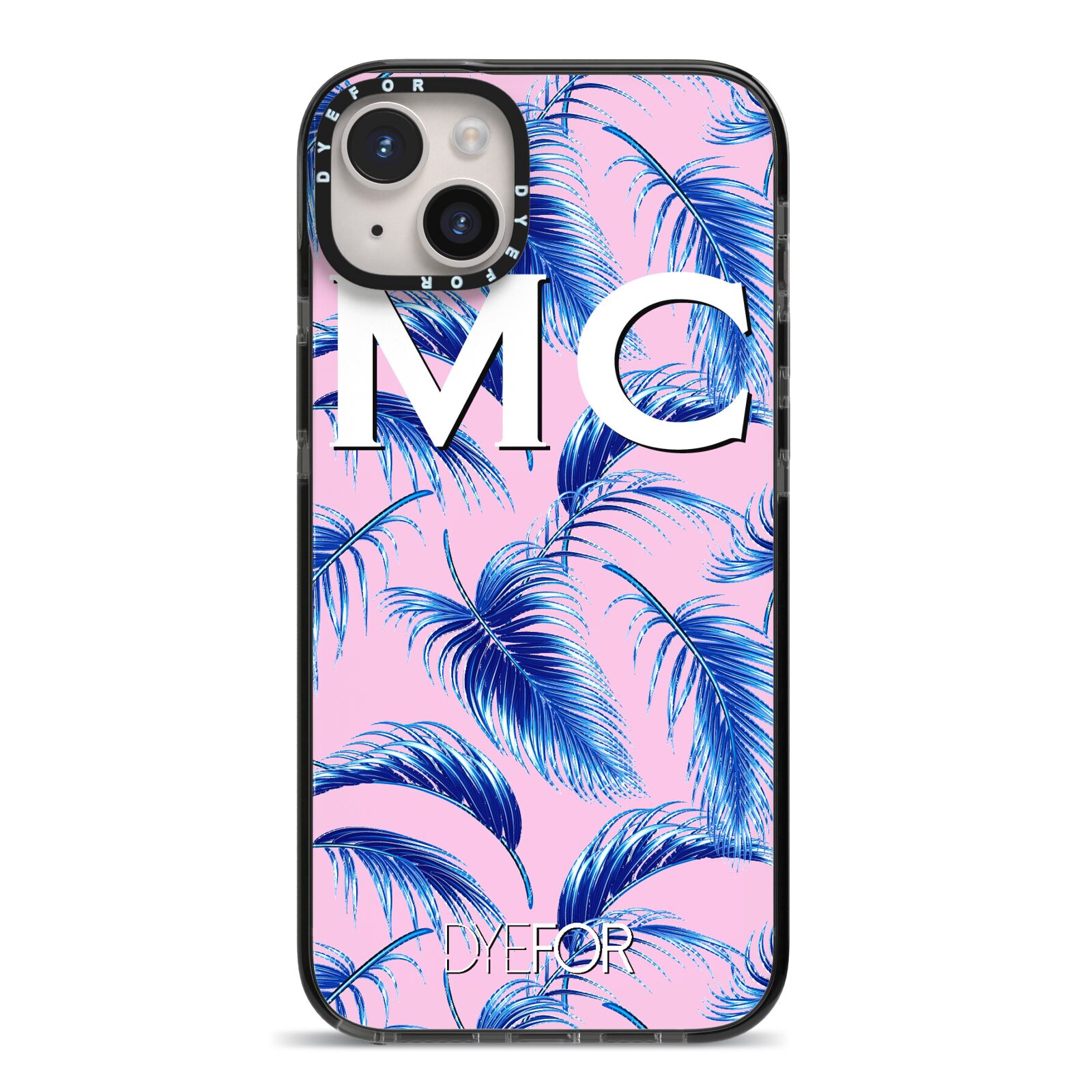 Personalised Blue Pink Palm Leaf iPhone 14 Plus Black Impact Case on Silver phone