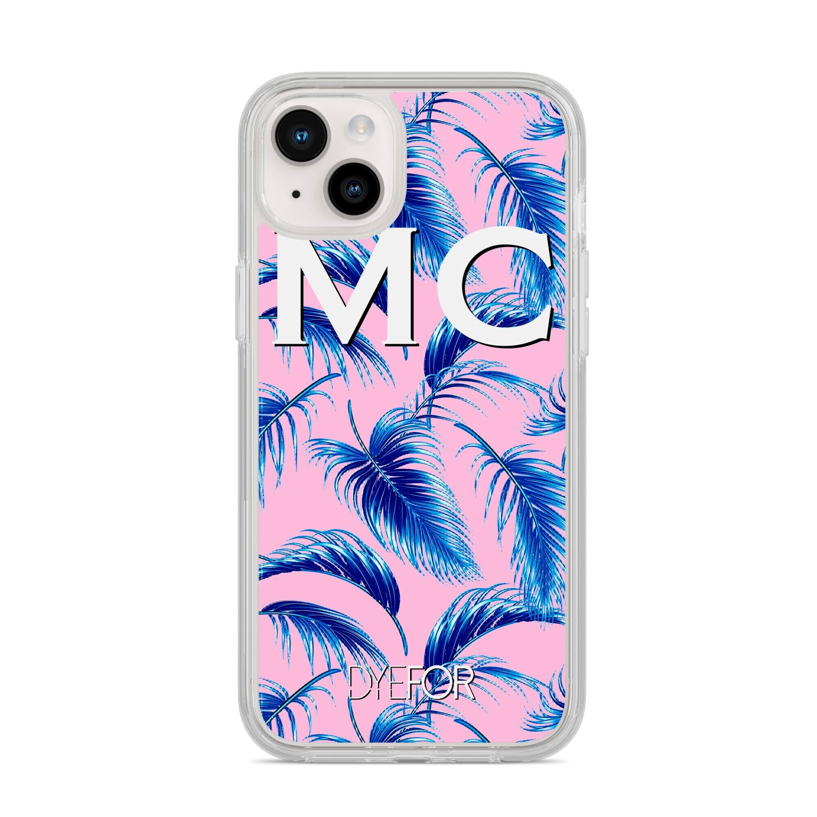 Personalised Blue Pink Palm Leaf iPhone 14 Plus Clear Tough Case Starlight