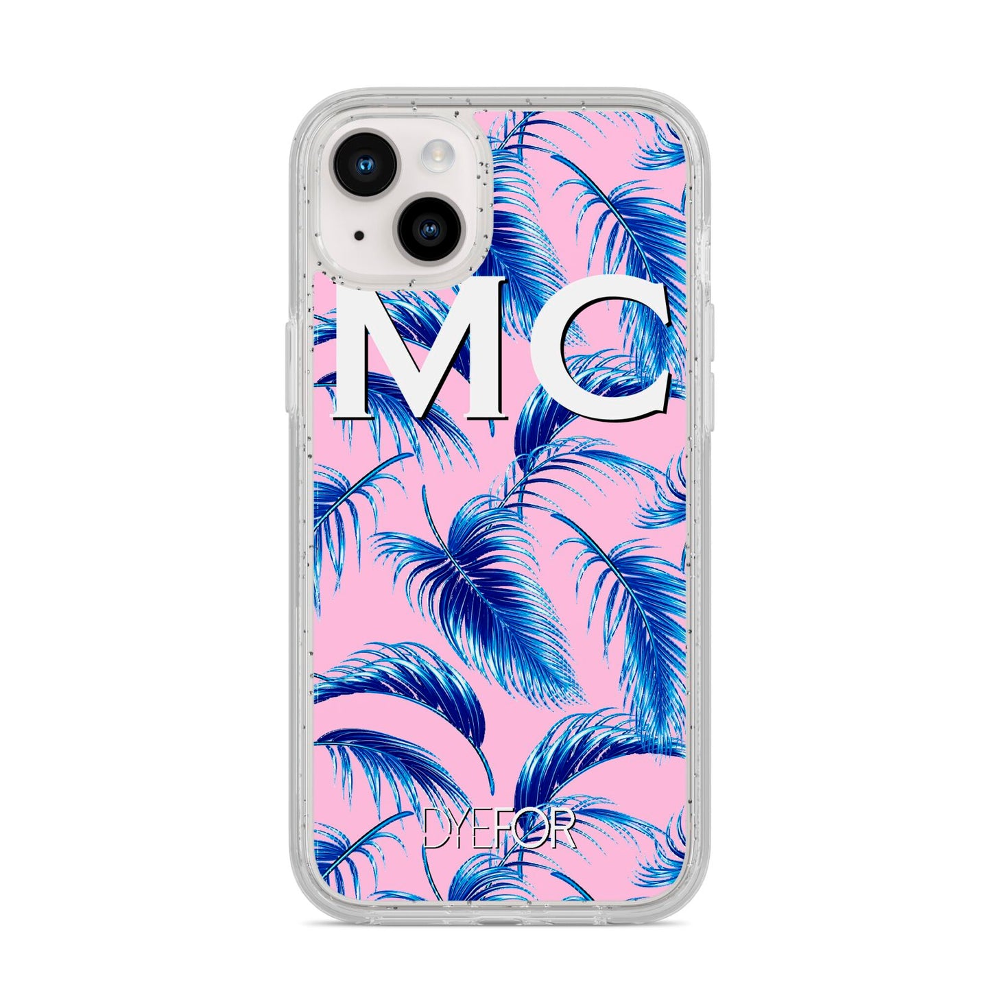 Personalised Blue Pink Palm Leaf iPhone 14 Plus Glitter Tough Case Starlight