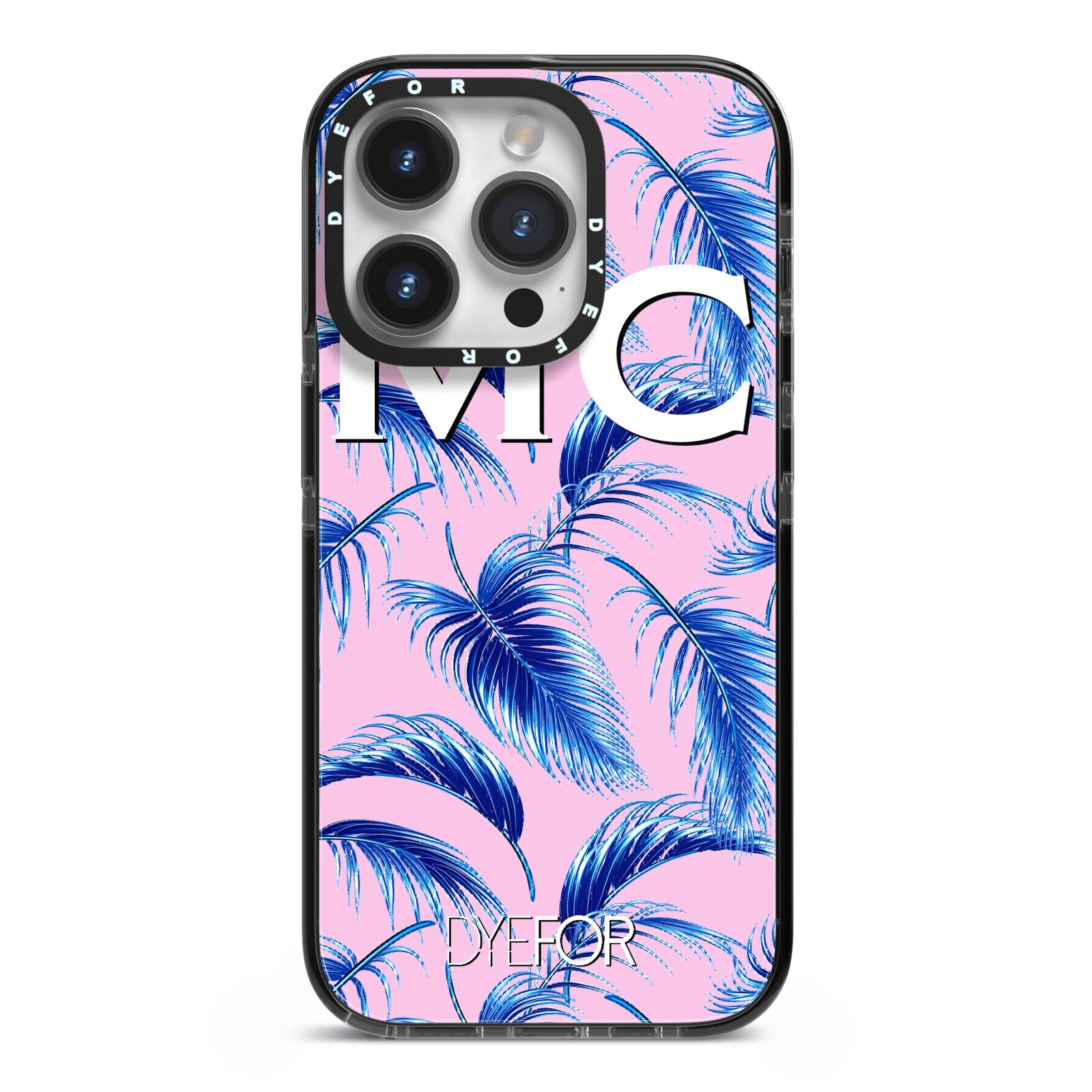 Personalised Blue Pink Palm Leaf iPhone 14 Pro Black Impact Case on Silver phone