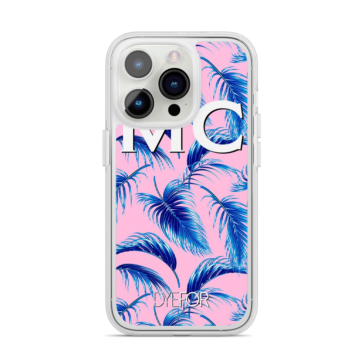 Personalised Blue Pink Palm Leaf iPhone 14 Pro Clear Tough Case Silver