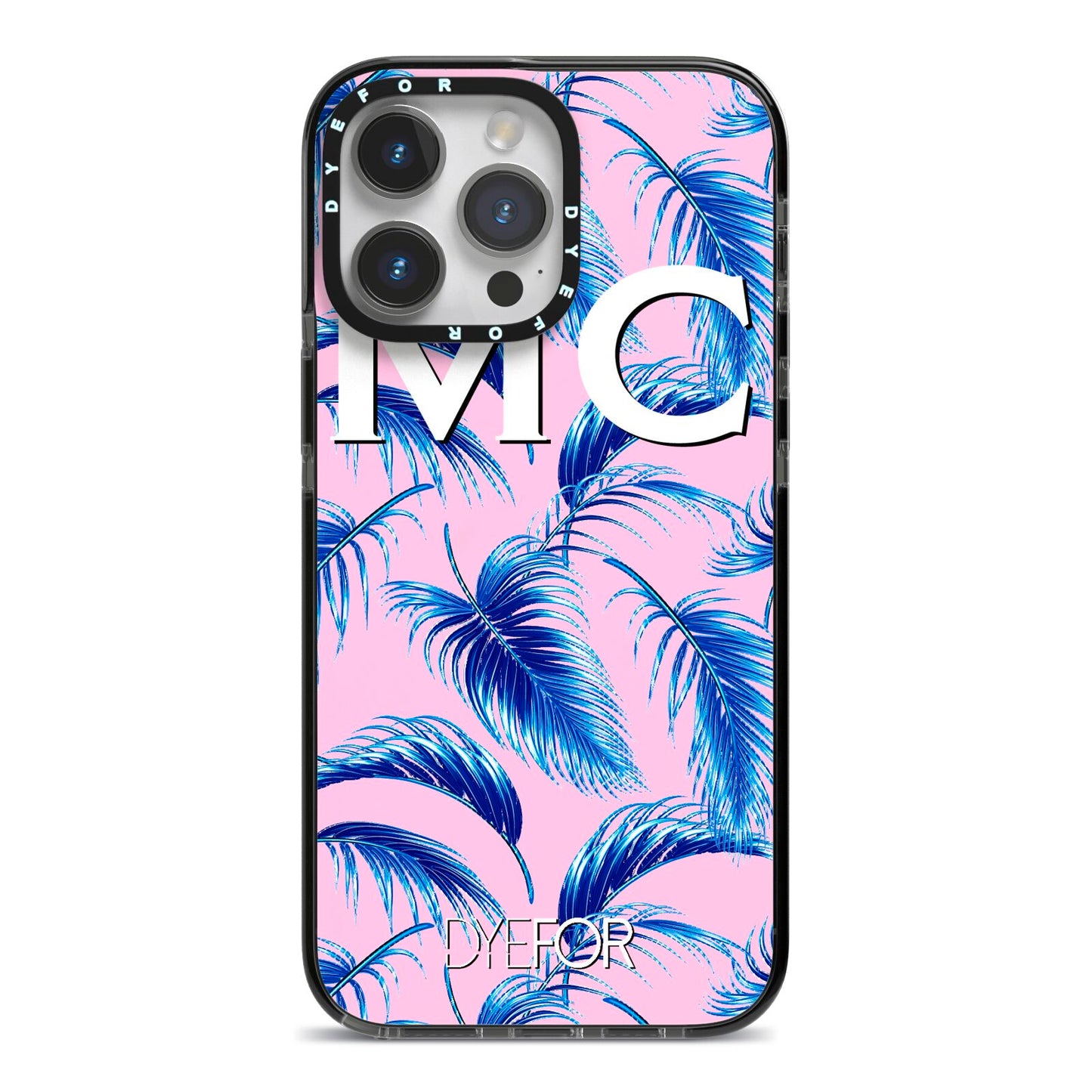 Personalised Blue Pink Palm Leaf iPhone 14 Pro Max Black Impact Case on Silver phone