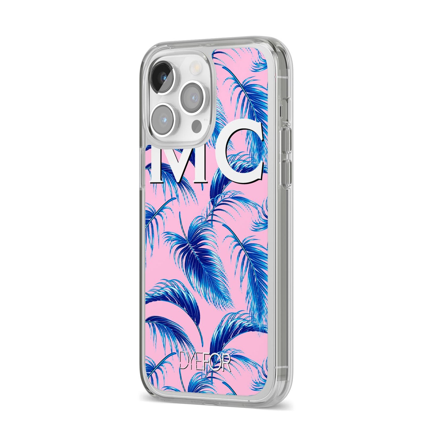 Personalised Blue Pink Palm Leaf iPhone 14 Pro Max Clear Tough Case Silver Angled Image