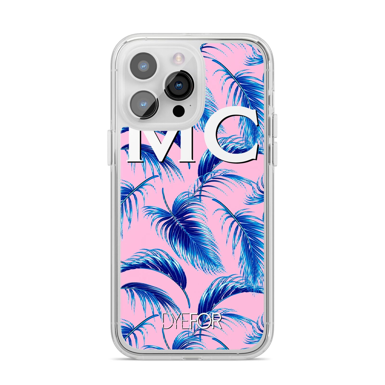 Personalised Blue Pink Palm Leaf iPhone 14 Pro Max Clear Tough Case Silver