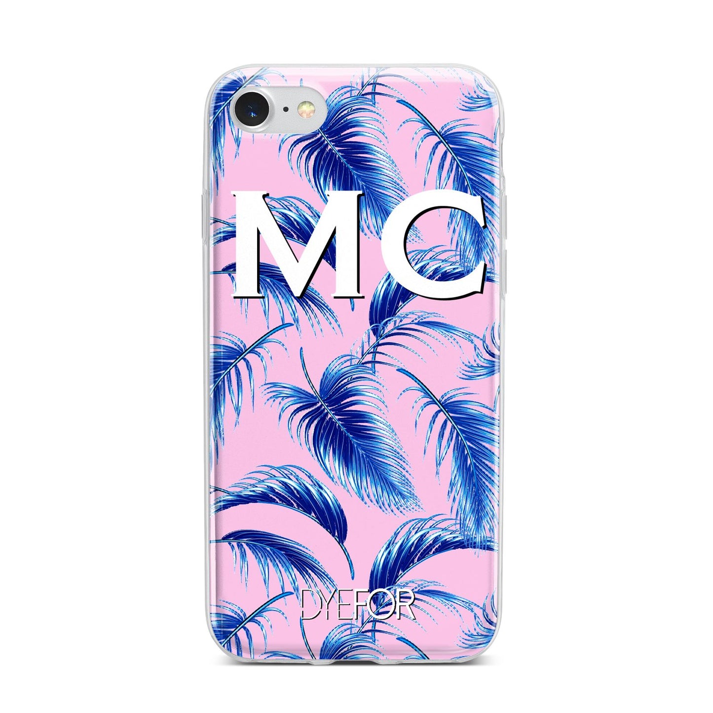 Personalised Blue Pink Palm Leaf iPhone 7 Bumper Case on Silver iPhone