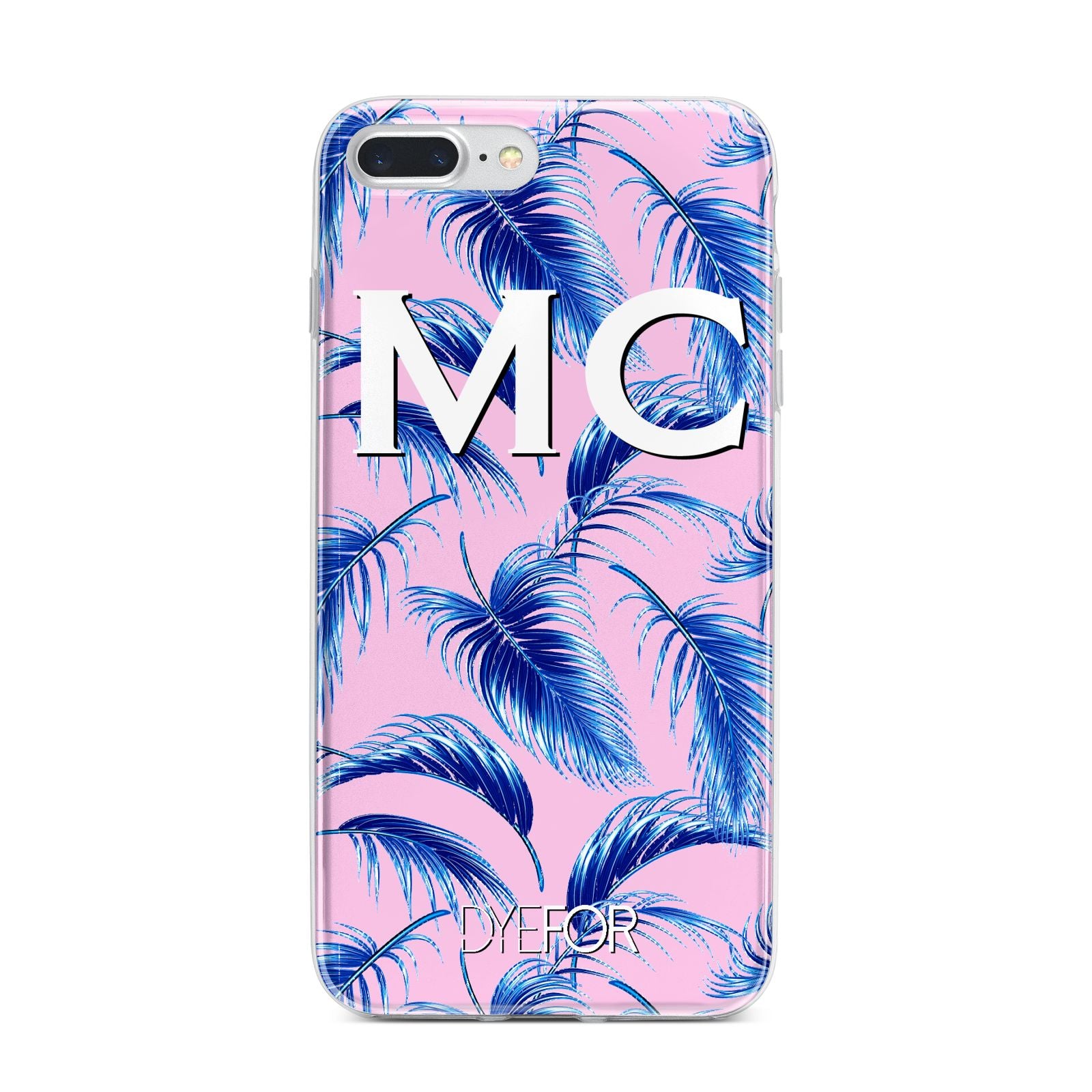 Personalised Blue Pink Palm Leaf iPhone 7 Plus Bumper Case on Silver iPhone