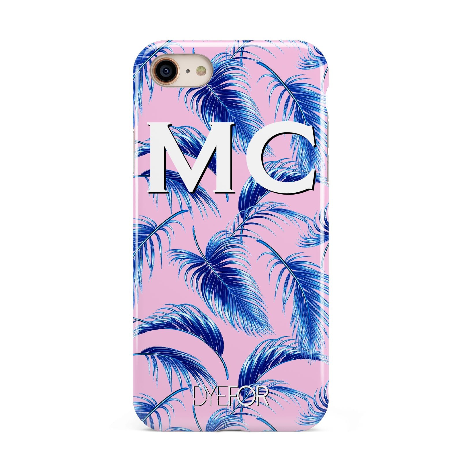 Personalised Blue Pink Palm Leaf iPhone 8 3D Tough Case on Gold Phone