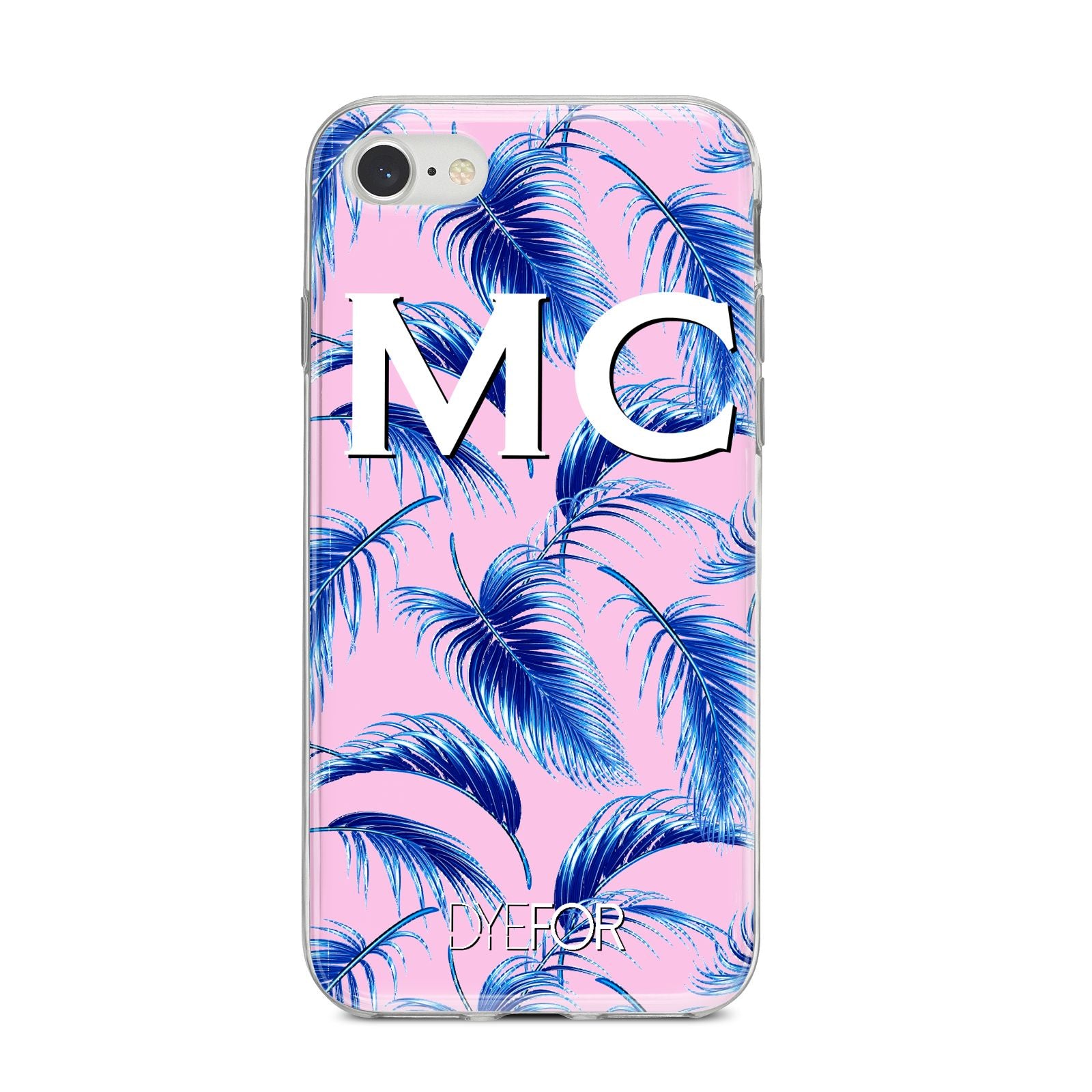 Personalised Blue Pink Palm Leaf iPhone 8 Bumper Case on Silver iPhone