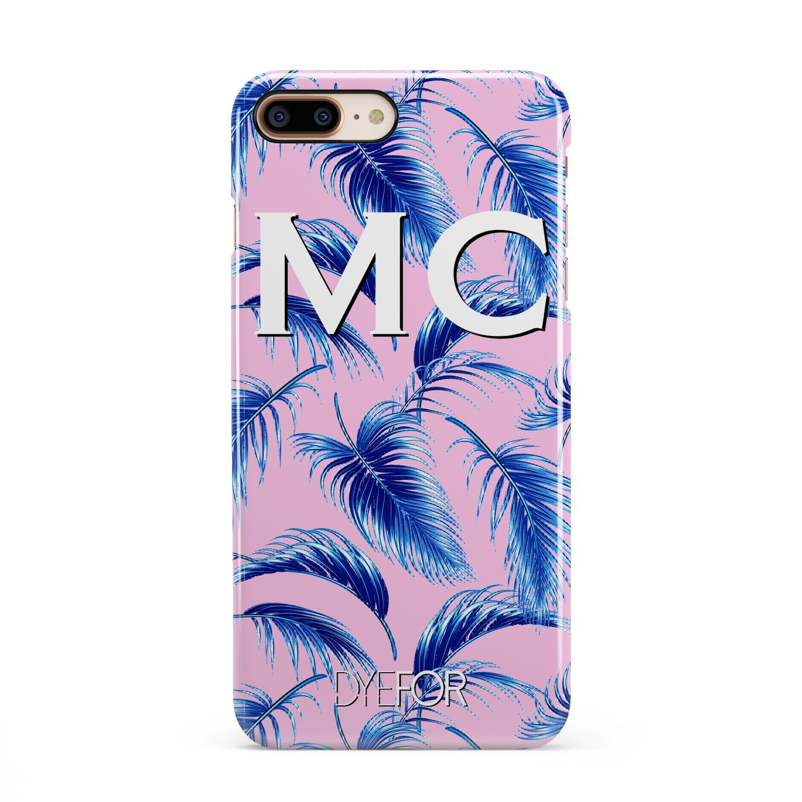 Personalised Blue Pink Palm Leaf iPhone 8 Plus 3D Snap Case on Gold Phone