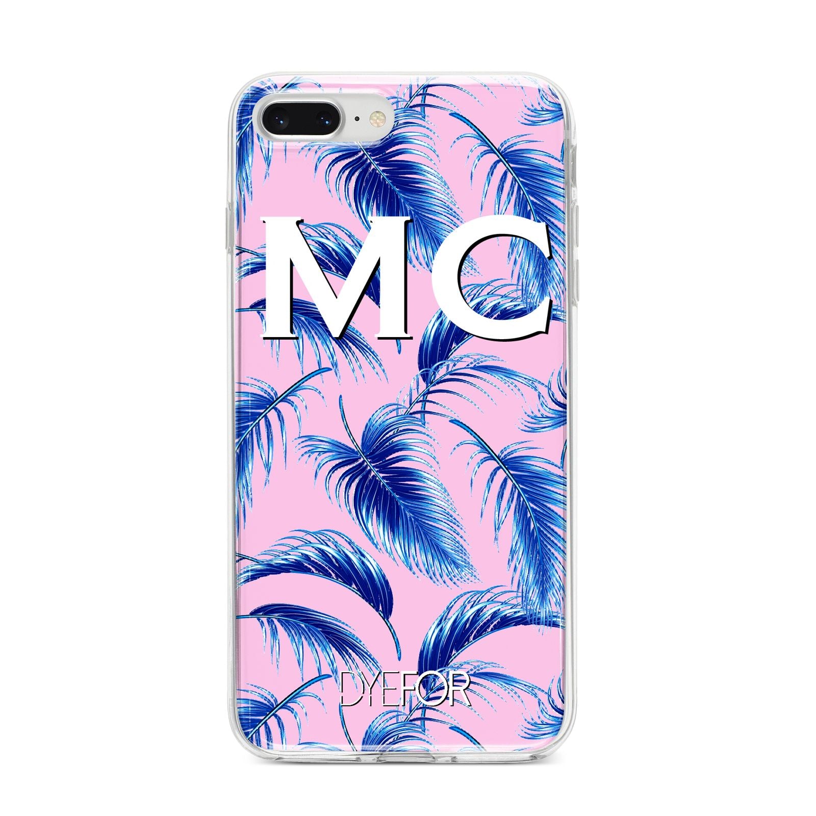 Personalised Blue Pink Palm Leaf iPhone 8 Plus Bumper Case on Silver iPhone