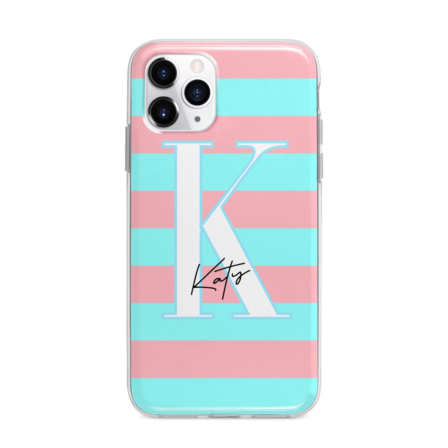 Personalised Blue Pink Striped Initial Apple iPhone 11 Pro Max in Silver with Bumper Case