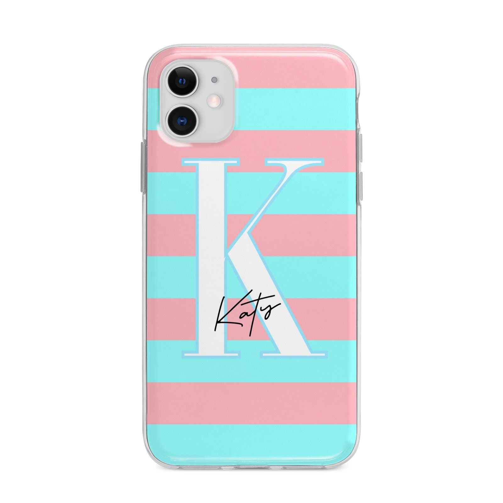 Personalised Blue Pink Striped Initial Apple iPhone 11 in White with Bumper Case