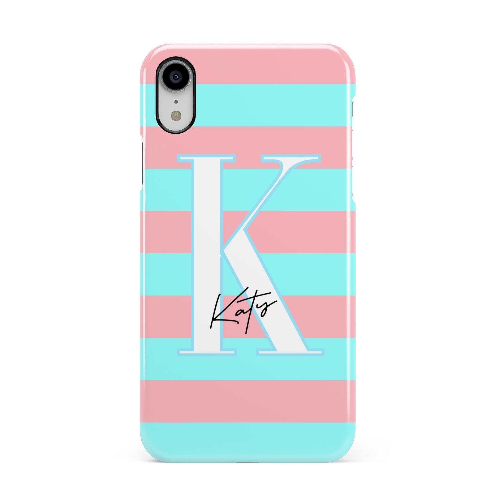 Personalised Blue Pink Striped Initial Apple iPhone XR White 3D Snap Case