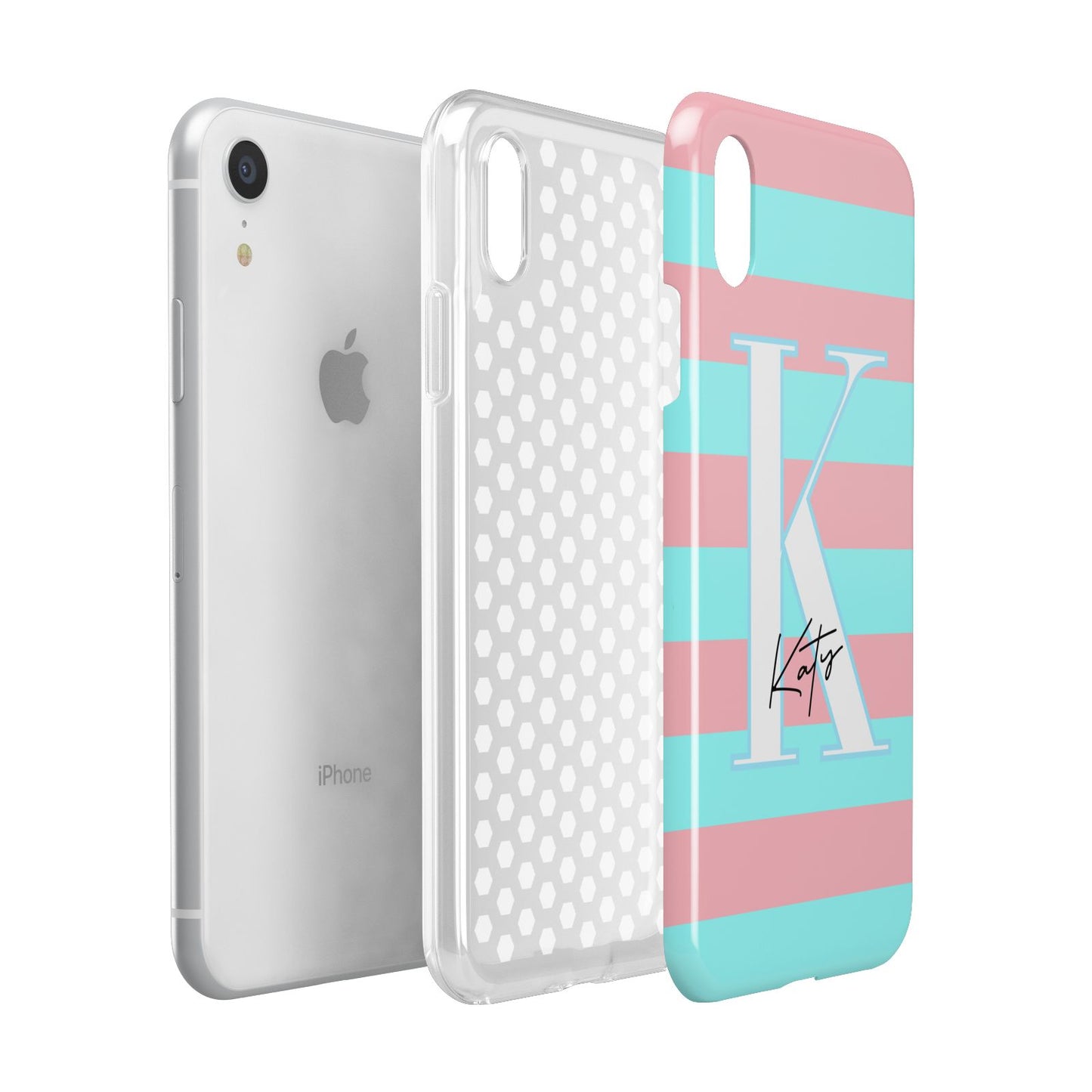 Personalised Blue Pink Striped Initial Apple iPhone XR White 3D Tough Case Expanded view