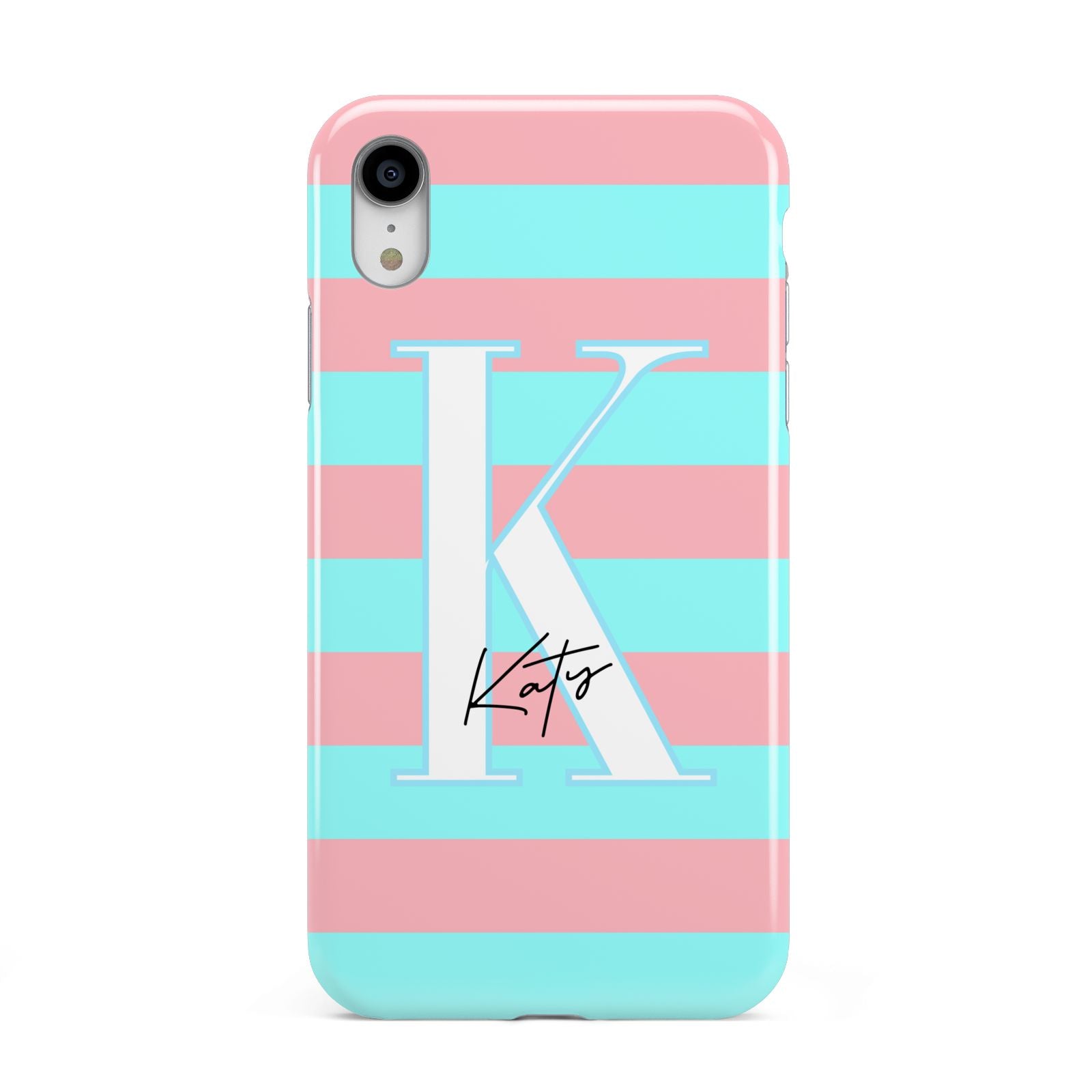 Personalised Blue Pink Striped Initial Apple iPhone XR White 3D Tough Case