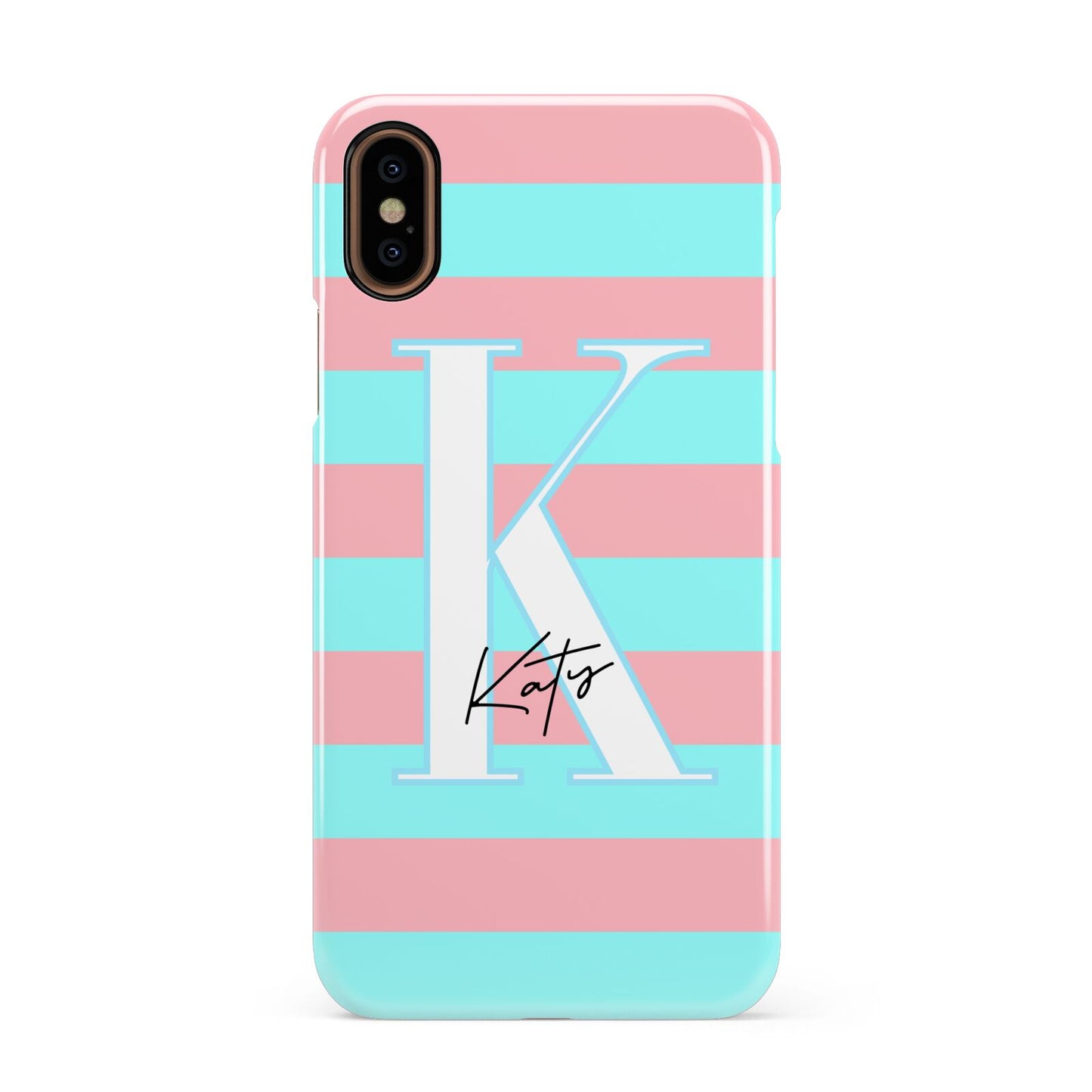 Personalised Blue Pink Striped Initial Apple iPhone XS 3D Snap Case