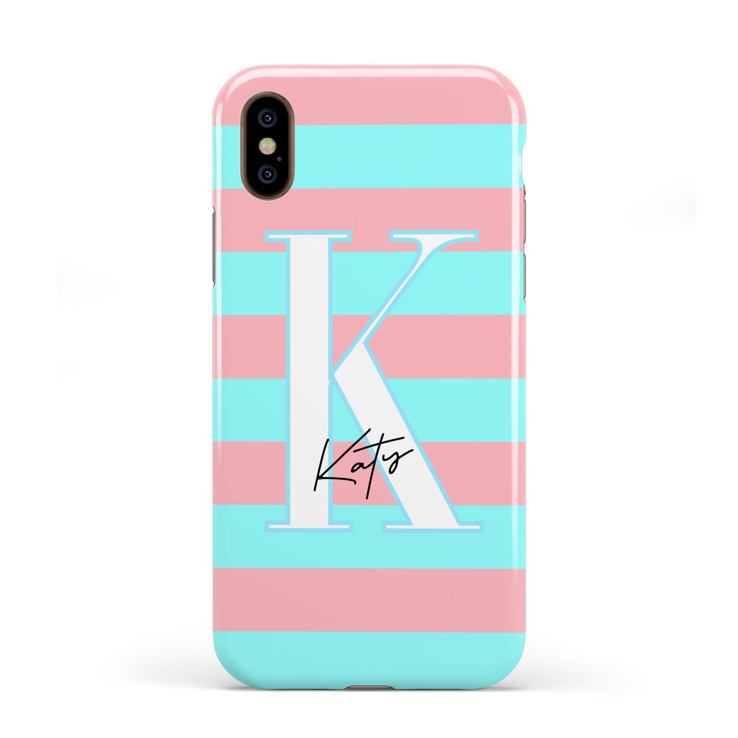 Personalised Blue Pink Striped Initial Apple iPhone XS 3D Tough