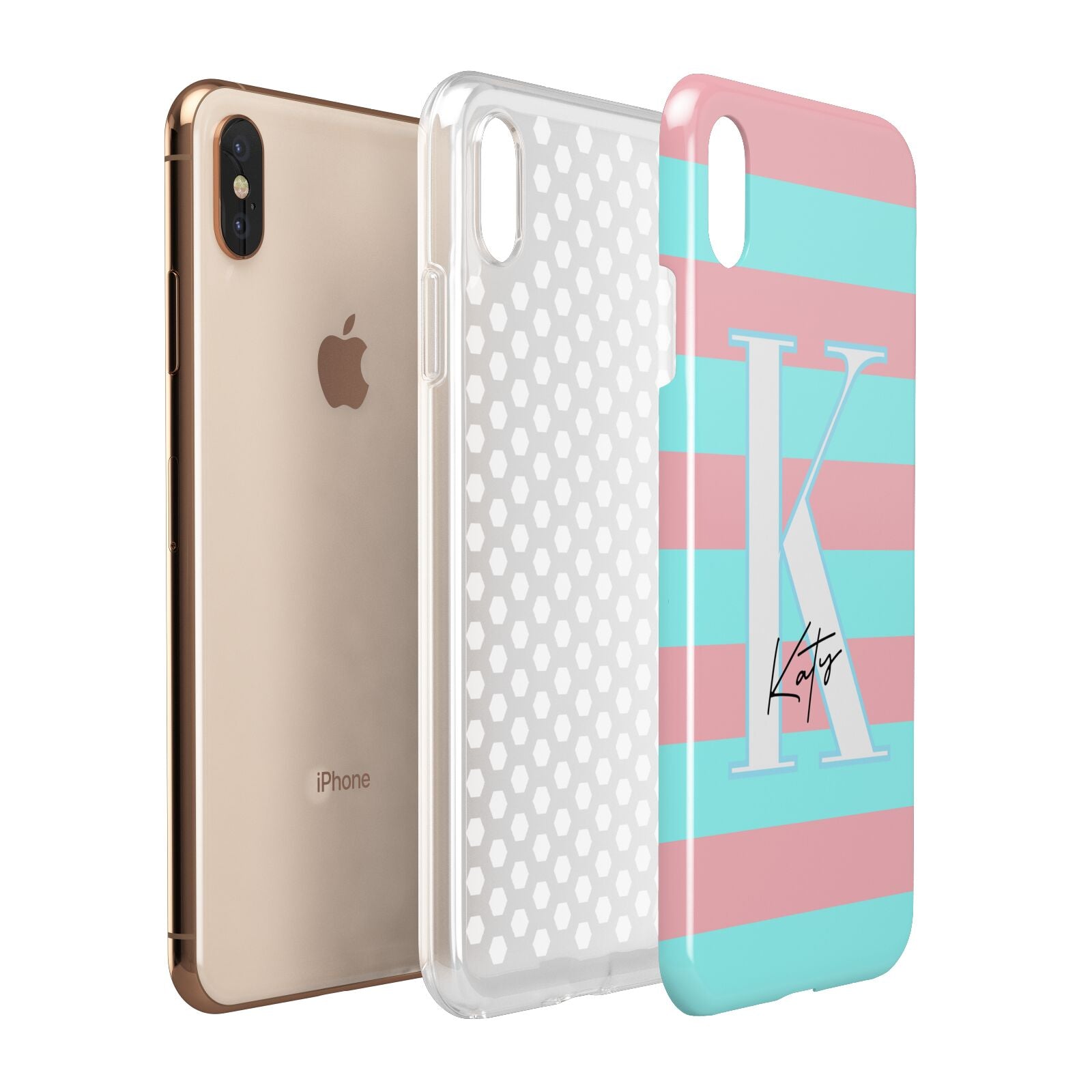 Personalised Blue Pink Striped Initial Apple iPhone Xs Max 3D Tough Case Expanded View