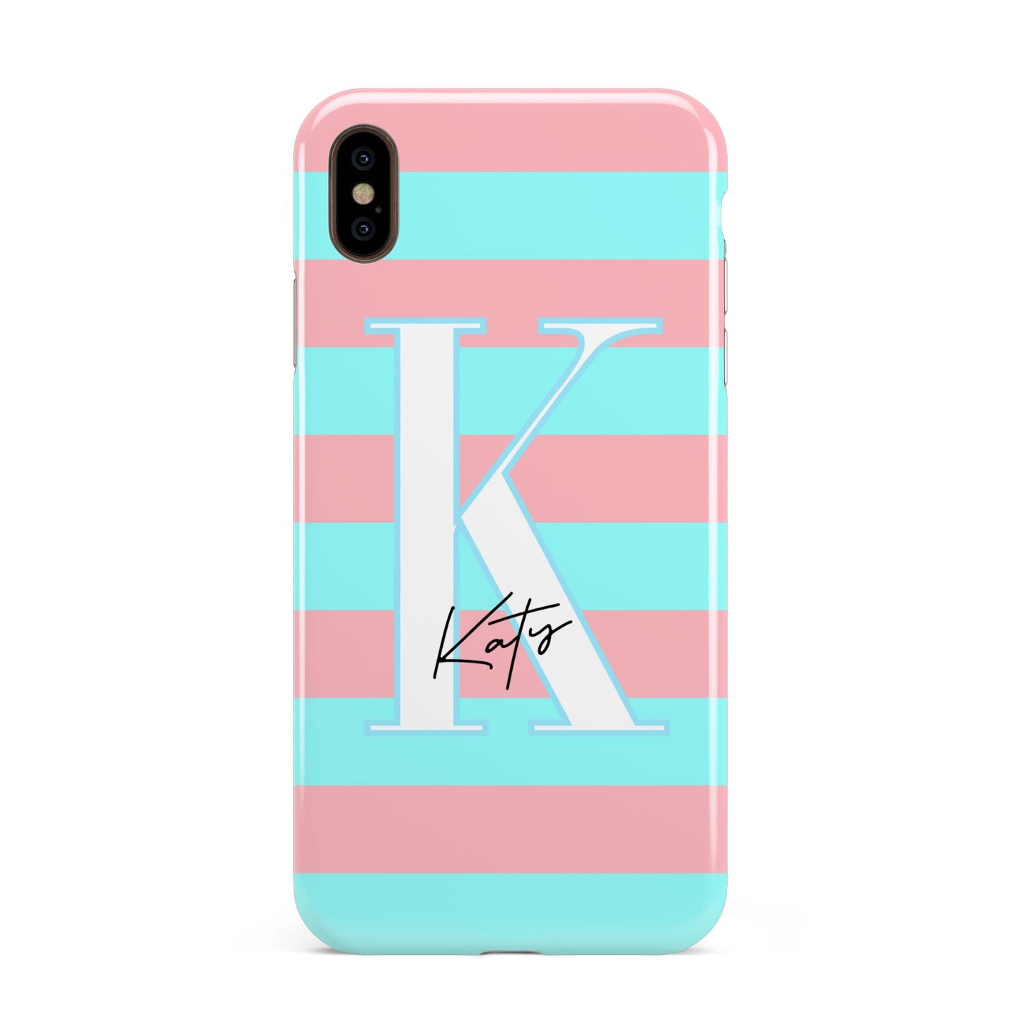 Personalised Blue Pink Striped Initial Apple iPhone Xs Max 3D Tough Case