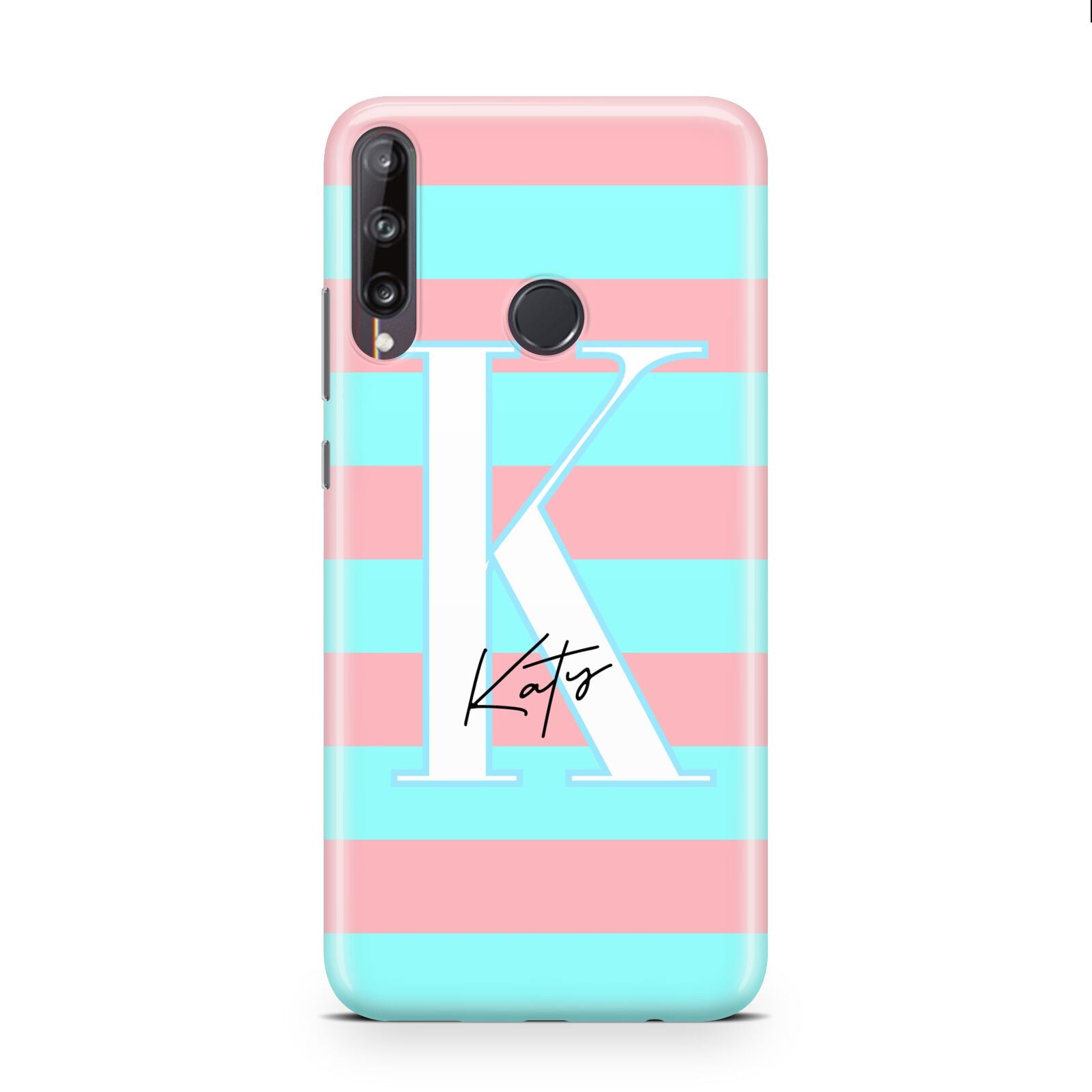 Personalised Blue Pink Striped Initial Huawei P40 Lite E Phone Case