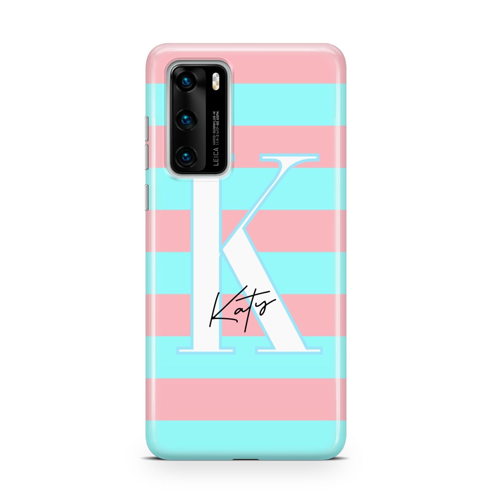 Personalised Blue Pink Striped Initial Huawei P40 Phone Case